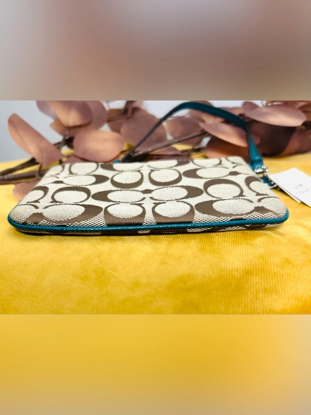 Coach Signature Canvas Wristlet with Teal Trim
